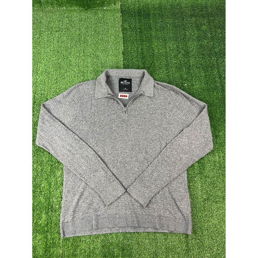 Hollister Mens Grey Textured Basketweave Quarter Zip Pullover Sweater Medium